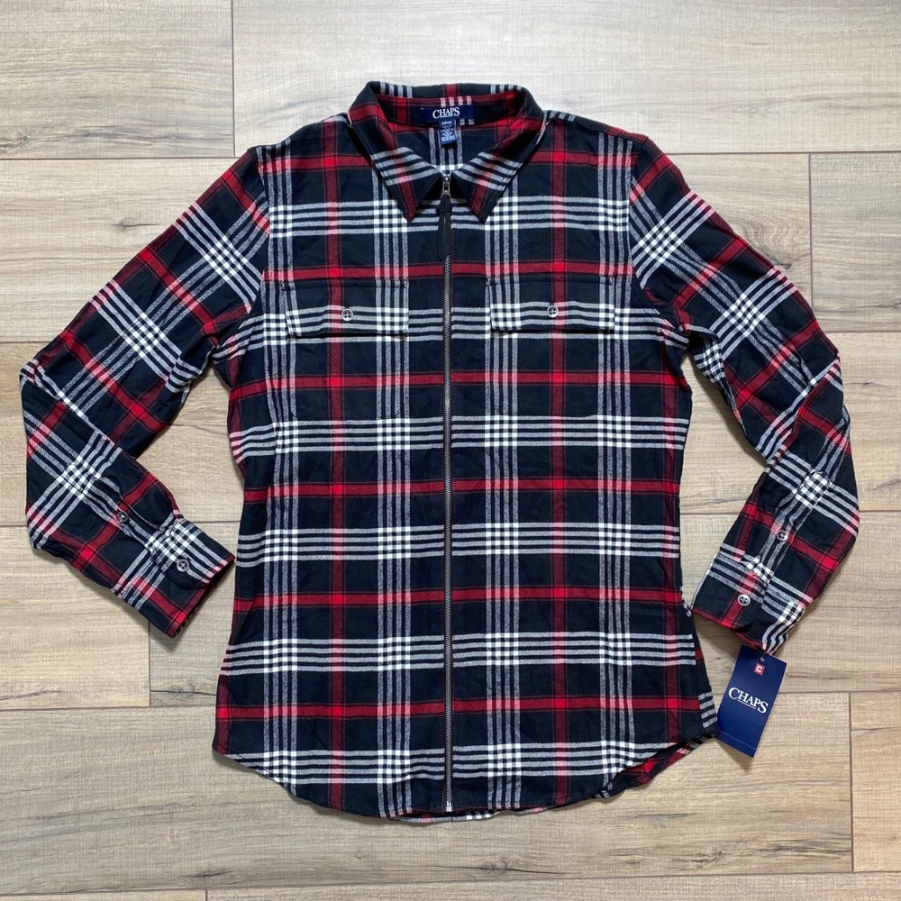 Chaps Womens Plaid Zip Front Long‎ Sleeve Shirt Size Small Black Red White